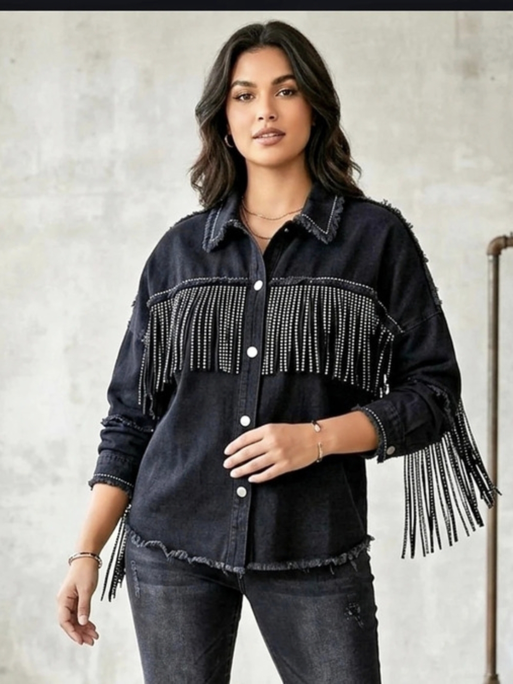 Zara Fringe Denim Jacket Black Size Medium
